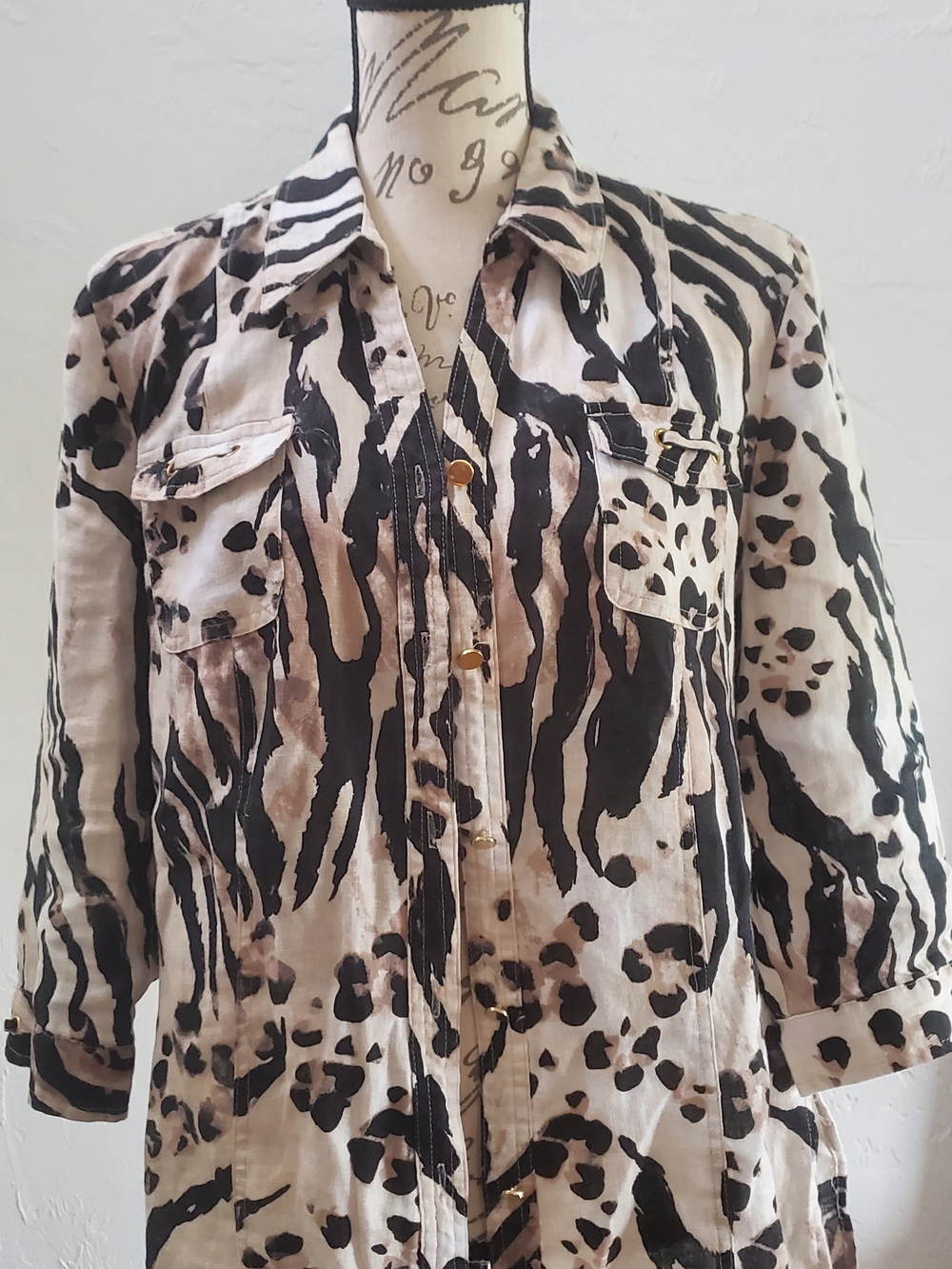 JM Collection 100% Linen Black & Cream Animal-Print Button Shirt